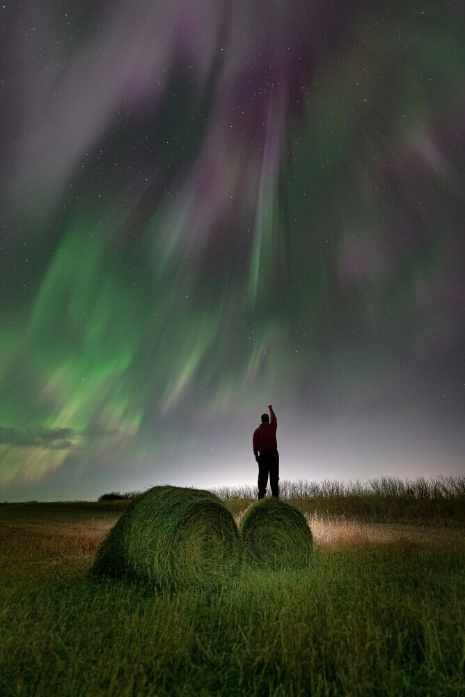 A person standing on hay bales in a field at night, pointing toward vibrant green and purple Northern Lights dancing across the starry sky.